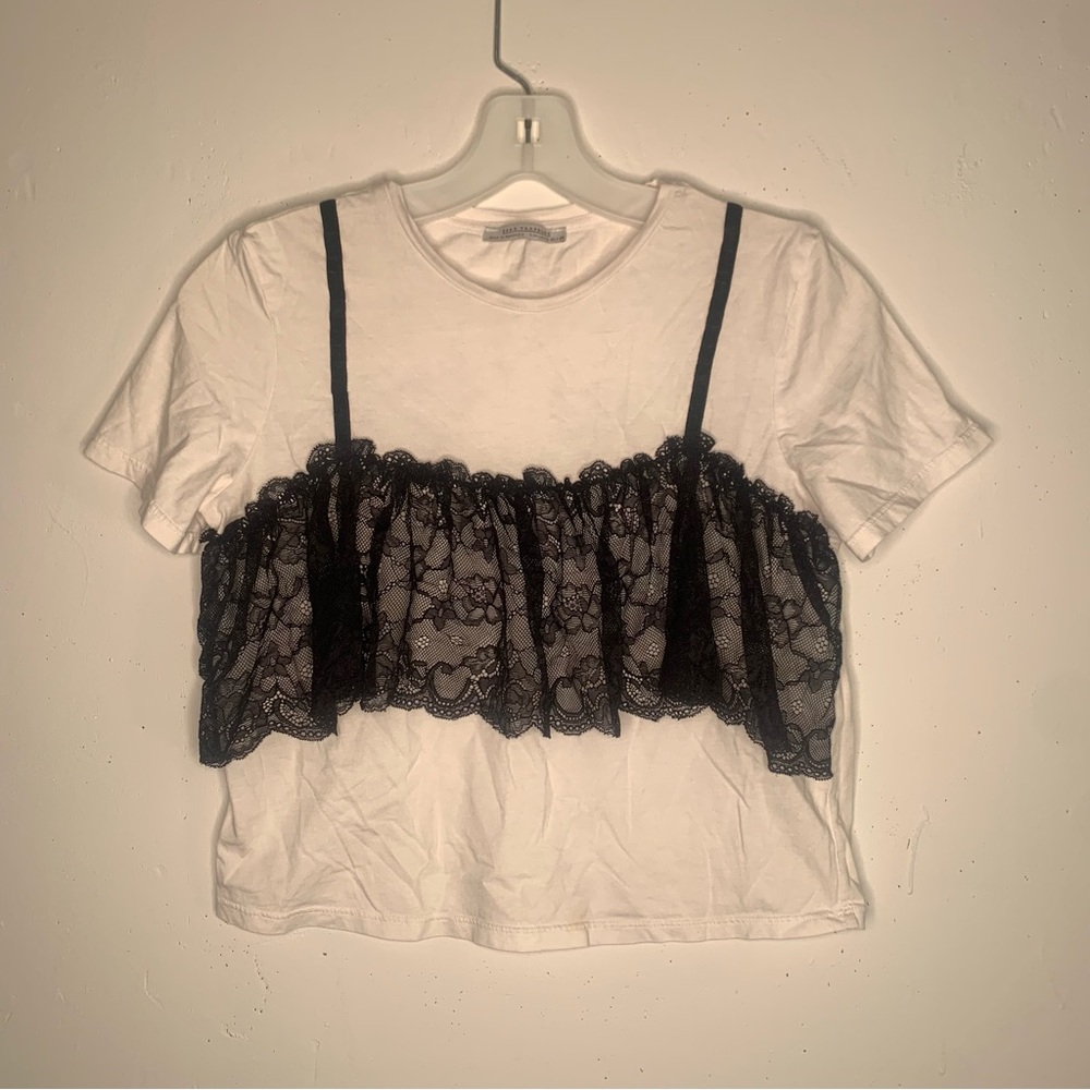 Cute Zara Black Lace Over White T-shirt Small